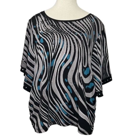 JM collection gray black and blue zebra print batwing blouse size Large - Picture 1 of 10